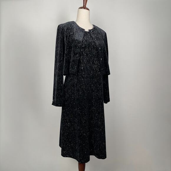 90s VTG Ronni Nicole 2-Pc Velvet Evening Dress w/ Jacket Black Glitter Sparkly - Picture 1 of 16